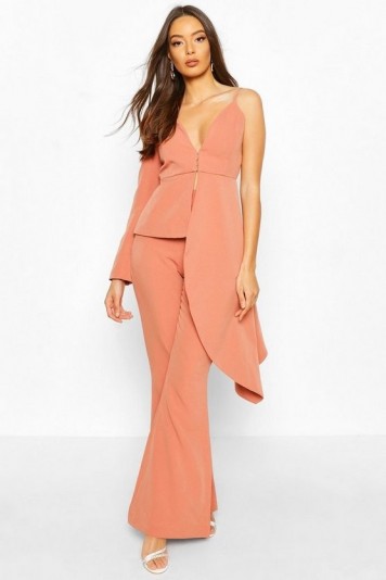 Boohoo Occasion Waterfall One Shoulder Blazer Apricot