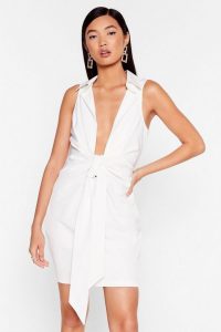 NASTY GAL Bow for It Plunging Mini Dress in Ivory – deep V-front evening dresses