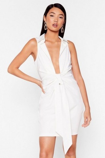 NASTY GAL Bow for It Plunging Mini Dress in Ivory – deep V-front evening dresses - flipped