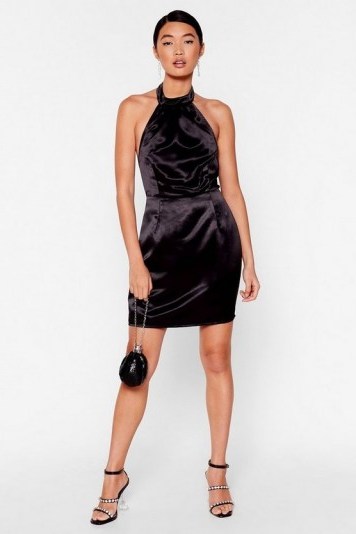 NASTY GAL Bow’ing Out Satin Halter Dress in Black – LBD - flipped