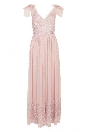 boohoo Bridesmaid Bow Strap Hand Embellished Maxi in pale pink – sequinned bridesmaids dress - flipped