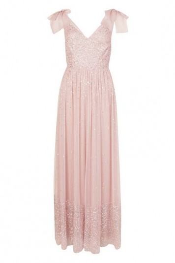 boohoo Bridesmaid Bow Strap Hand Embellished Maxi in pale pink – sequinned bridesmaids dress