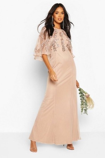 Bridesmaid Hand Embellished Cape Maxi Dress in blush - flipped