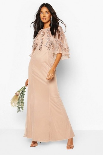 Bridesmaid Hand Embellished Cape Maxi Dress in blush