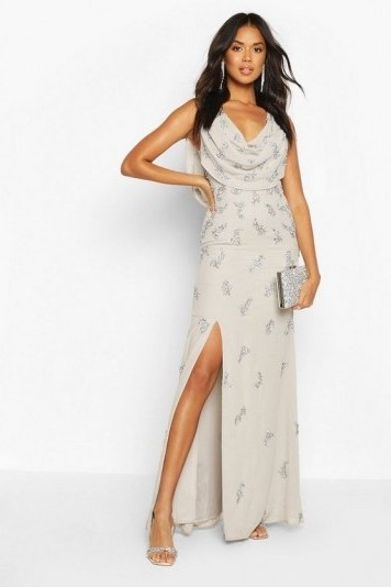 boohoo Bridesmaid Hand Embellished Cowl Detail Maxi Dress in grey - flipped