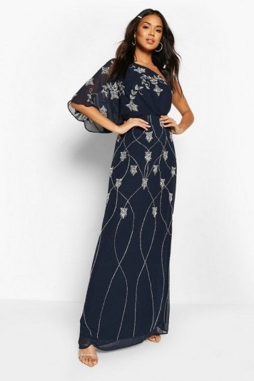 boohoo Bridesmaid Hand Embellished One Shoulder Cape Maxi in navy – dark blue sequinned bridesmaids dresses - flipped
