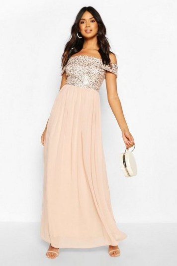 boohoo Bridesmaid Occasion Sequin Bardot Maxi Dress in Blush – pink sequinned bridesmaid dresses - flipped