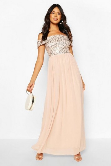 boohoo Bridesmaid Occasion Sequin Bardot Maxi Dress in Blush – pink sequinned bridesmaid dresses