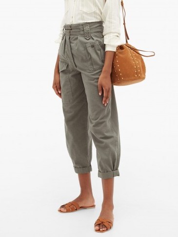 SAINT LAURENT Buckled cotton-blend cropped trousers in khaki-green ~ casual summer pants - flipped