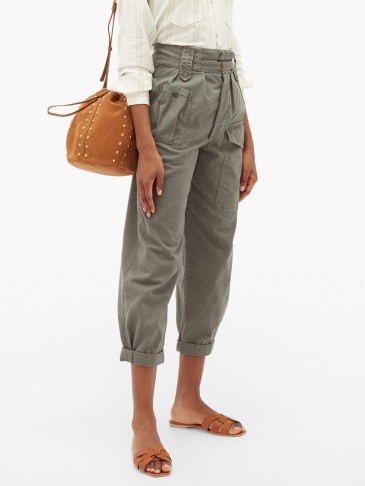 SAINT LAURENT Buckled cotton-blend cropped trousers in khaki-green ~ casual summer pants