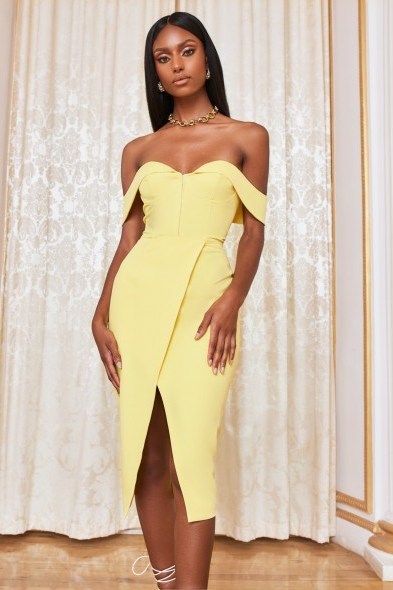 LAVISH ALICE bustier corset wrap midi dress in lemon yellow – fitted off the shoulder dresses - flipped