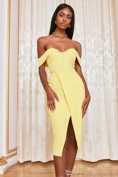 LAVISH ALICE bustier corset wrap midi dress in lemon yellow – fitted off the shoulder dresses