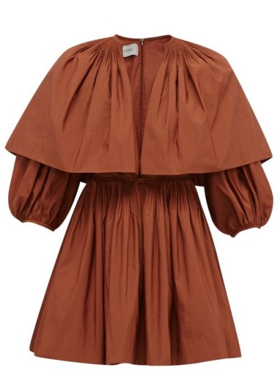 VALENTINO Caped V-neck pleated cotton-blend mini dress in rust brown