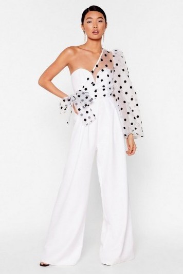 NASTY GAL Catch a Chill Organza Polka Dot Jumpsuit in White – one shoulder jumpsuits - flipped