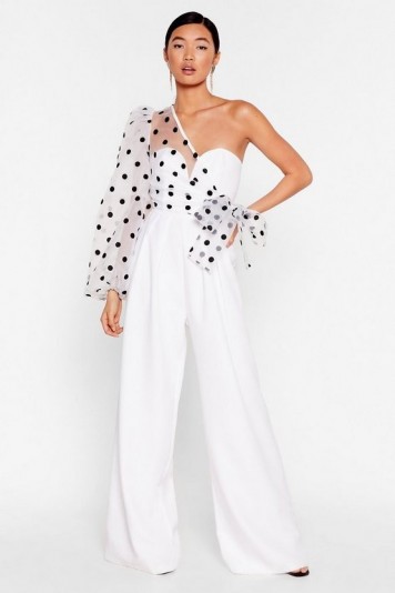 NASTY GAL Catch a Chill Organza Polka Dot Jumpsuit in White – one shoulder jumpsuits