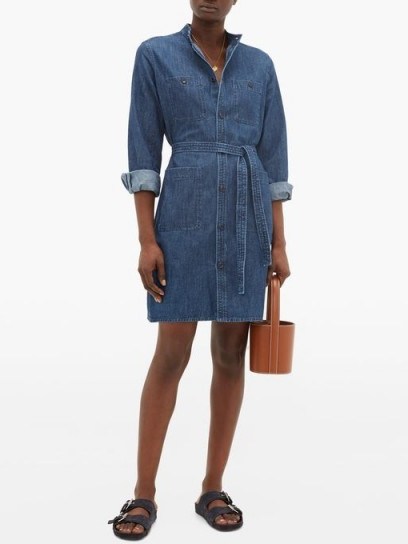 A.P.C. Corine stand-collar belted denim dress in blue | stylish shirt dresses - flipped