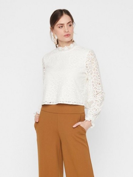 YAS CROPPED LACE BLOUSE White / Star White – high neck ruffle-trim blouses - flipped