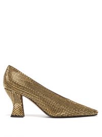 BOTTEGA VENETA Gold crystal-embellished suede pumps ~ chunky courts covered in crystals