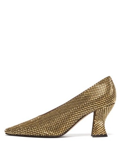 BOTTEGA VENETA Gold crystal-embellished suede pumps ~ chunky courts covered in crystals - flipped