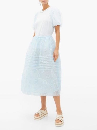SIMONE ROCHA Daisy-embroidered pleated organza skirt in blue