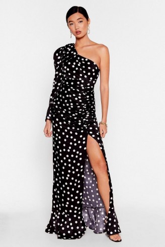 NASTY GAL Dot Staying in One Shoulder Maxi Dress in Black