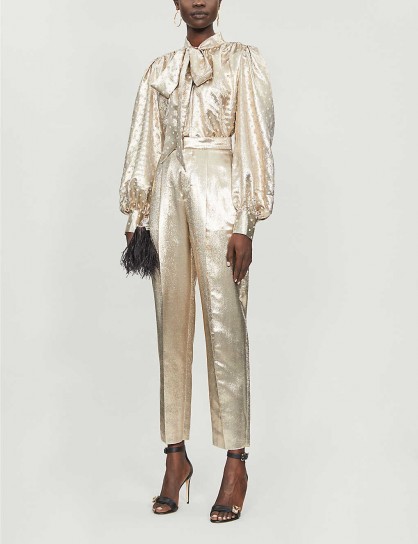 DUNDAS Tapered high-rise silk-blend trousers in gold ~ evening glamour