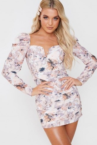 FASHION INFLUX CREAM FLORAL PRINT SWEETHEART PUFF SLEEVED MINI DRESS - flipped
