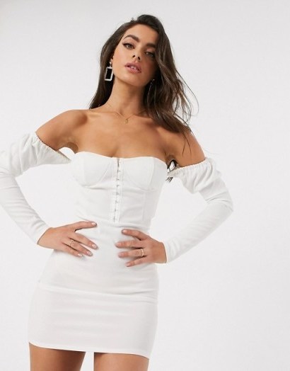 Femme Luxe off shoulder long puff sleeve mini dress in white – bardot cup-detail dresses - flipped