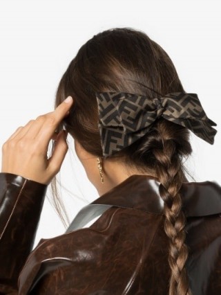 Fendi Brown F Logo Silk Bow Hair Clip