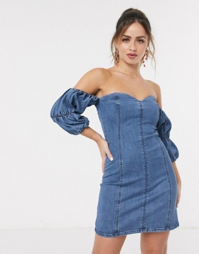 Finders Keepers lola denim bardot mini dress in washed blue – off the shoulder dresses - flipped