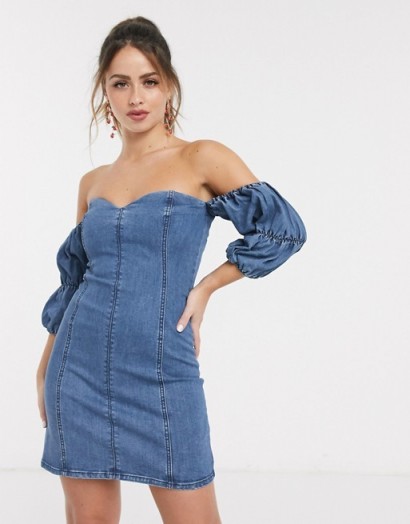 Finders Keepers lola denim bardot mini dress in washed blue – off the shoulder dresses
