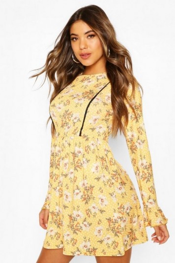 Boohoo Floral Print Smock Dress With Lace Insert Yellow