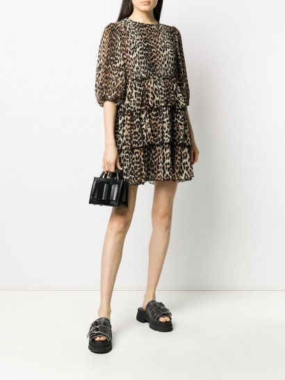 GANNI leopard print tiered dress in brown/black