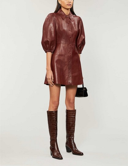 GANNI Puffed-sleeve leather mini dress in decadent chocolate