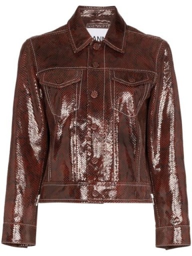 GANNI snake-print leather jacket in Brown