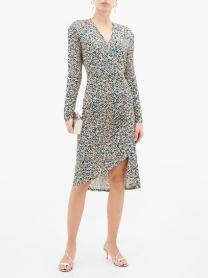 ATLEIN Gathered floral-print jersey wrap dress in blue yellow pink - flipped