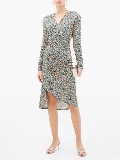 ATLEIN Gathered floral-print jersey wrap dress in blue yellow pink