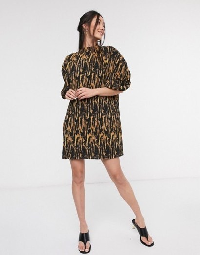 Ghospell mini dress with puff sleeves in abstract animal print plisse brown multi - flipped