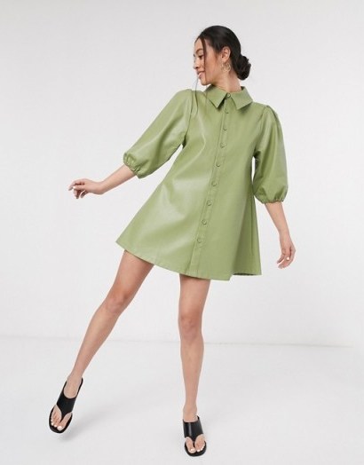 Ghospell oversized shirt dress in faux leather in pistacchio | green dresses - flipped