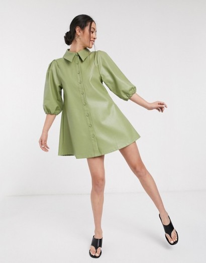Ghospell oversized shirt dress in faux leather in pistacchio | green dresses