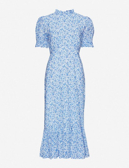 GHOST Solene floral print maxi dress in blue / frill trimmed dresses