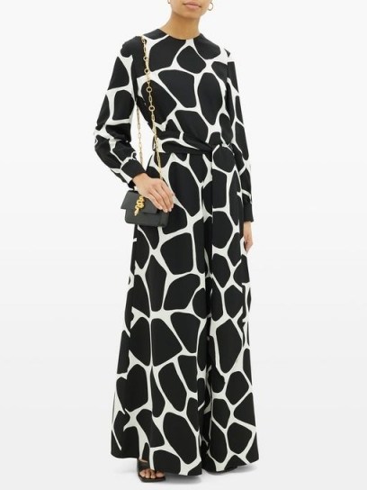 VALENTINO 1966 giraffe-print silk-crepe jumpsuit in black ~ glamorous vintage prints on fabric - flipped