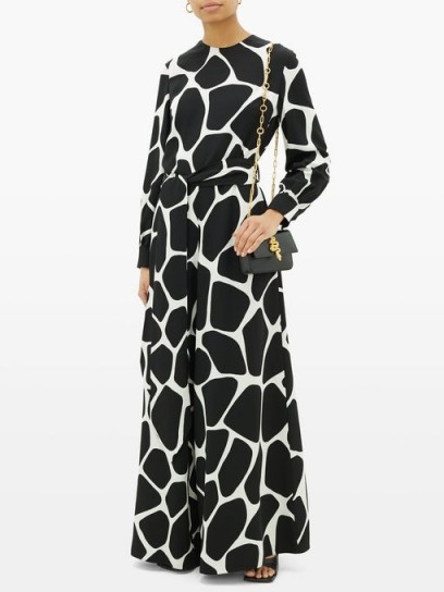 VALENTINO 1966 giraffe-print silk-crepe jumpsuit in black ~ glamorous vintage prints on fabric