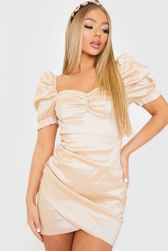 IN THE STYLE GOLD SATIN MILKMAID WRAP FRONT DRESS / ruched mini - flipped