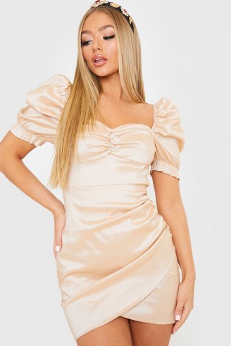 IN THE STYLE GOLD SATIN MILKMAID WRAP FRONT DRESS / ruched mini