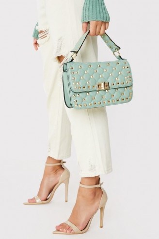 IN THE STYLE GREEN GOLD STUDDED HANDBAG – top handle flap bag - flipped
