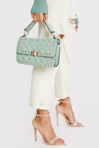 IN THE STYLE GREEN GOLD STUDDED HANDBAG – top handle flap bag