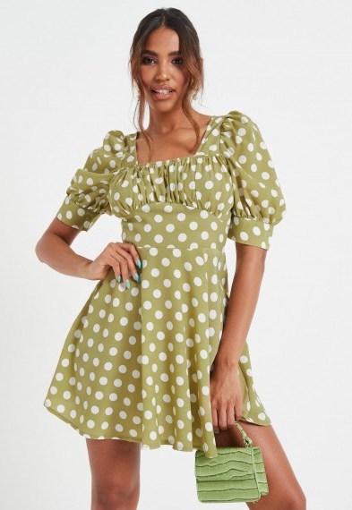 MISSGUIDED green polka dot ruched bust skater dress - flipped