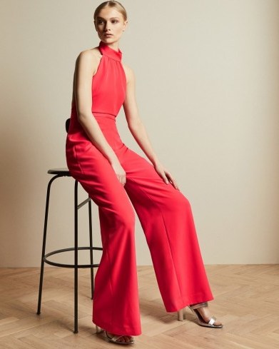 TED BAKER TALLISE Halter neck wide leg jumpsuit in coral / brightly coloured jumpsuits - flipped