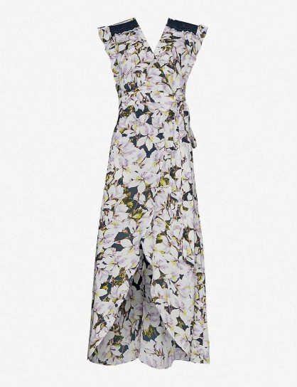 HAPPY X NATURE Floral-print ruffle-trimmed crepe wrap maxi dress in Azalea